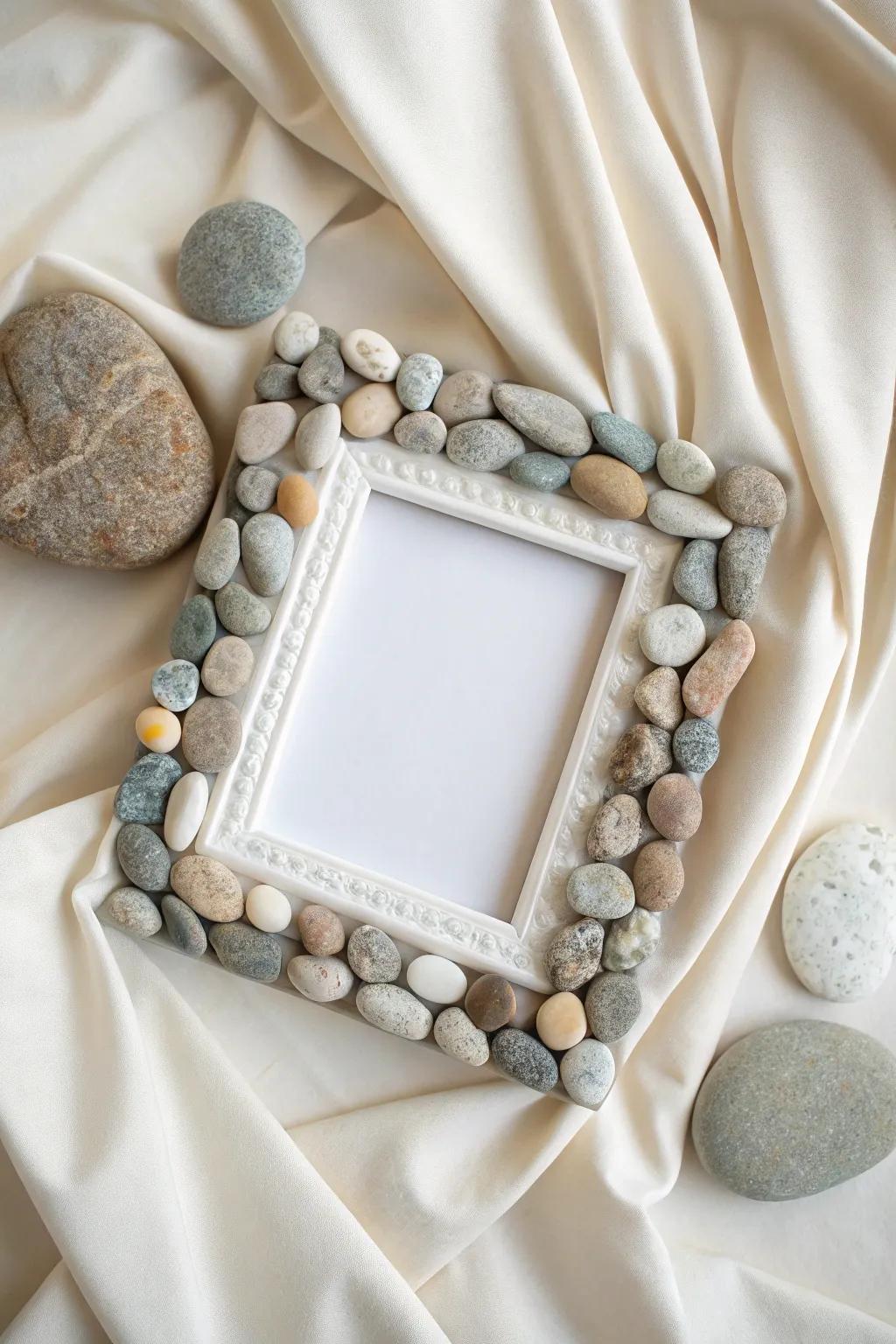 Elevate your cherished memories with the calm sophistication of a pebble art frame.