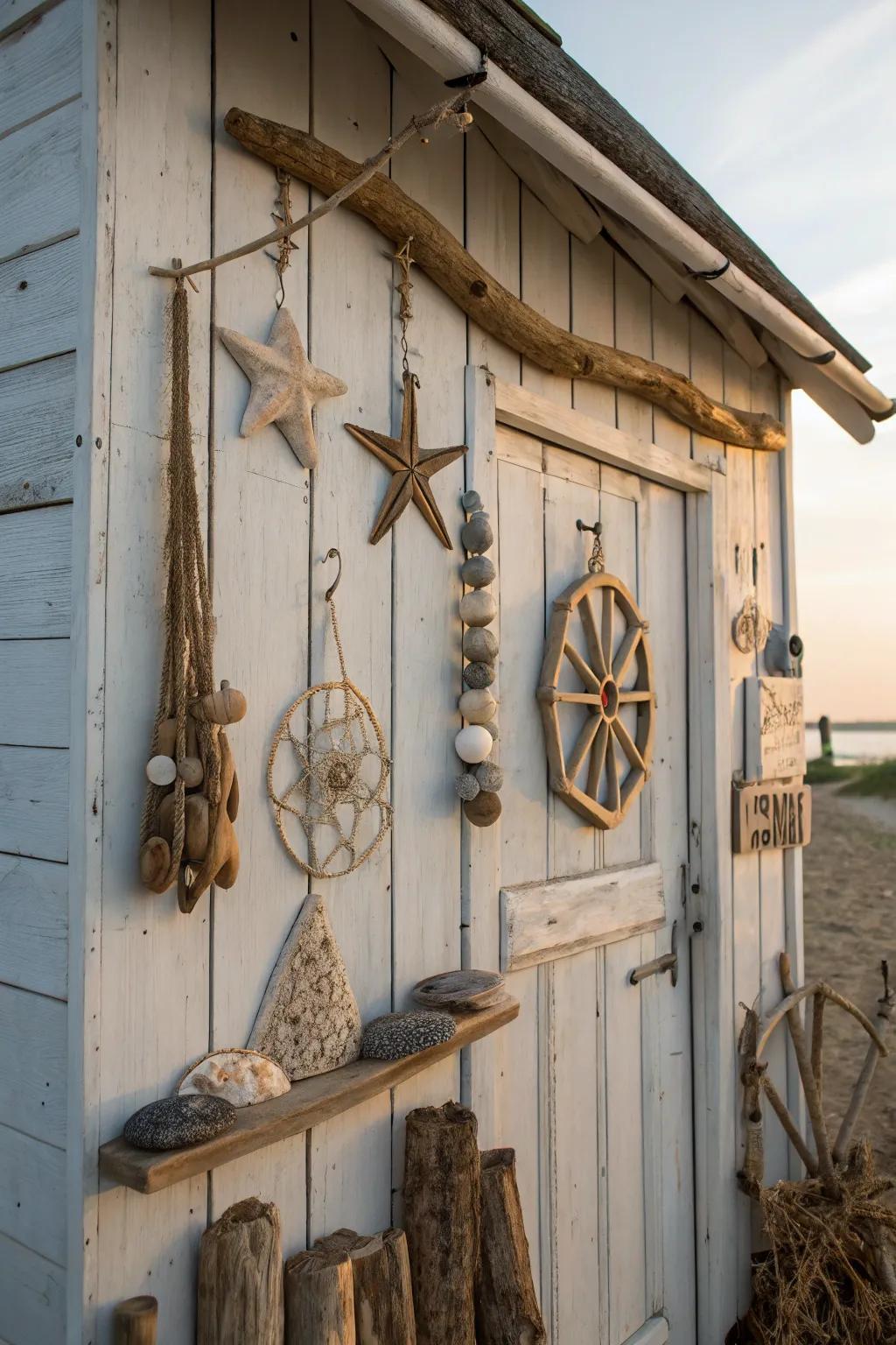 Natural driftwood decorations enrich a beach shed with rustic charm.