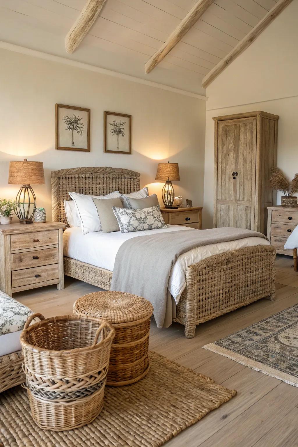 Organic materials like petrified wood and osier generate a welcoming coastal ambiance.