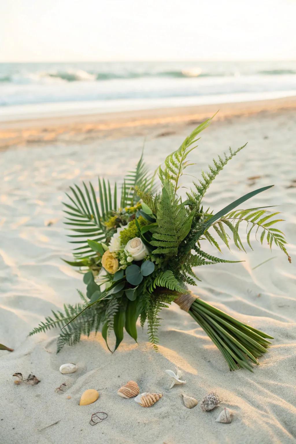 A verdant embrace, a leafy bouquet that mirrors the beach's untouched beauty.