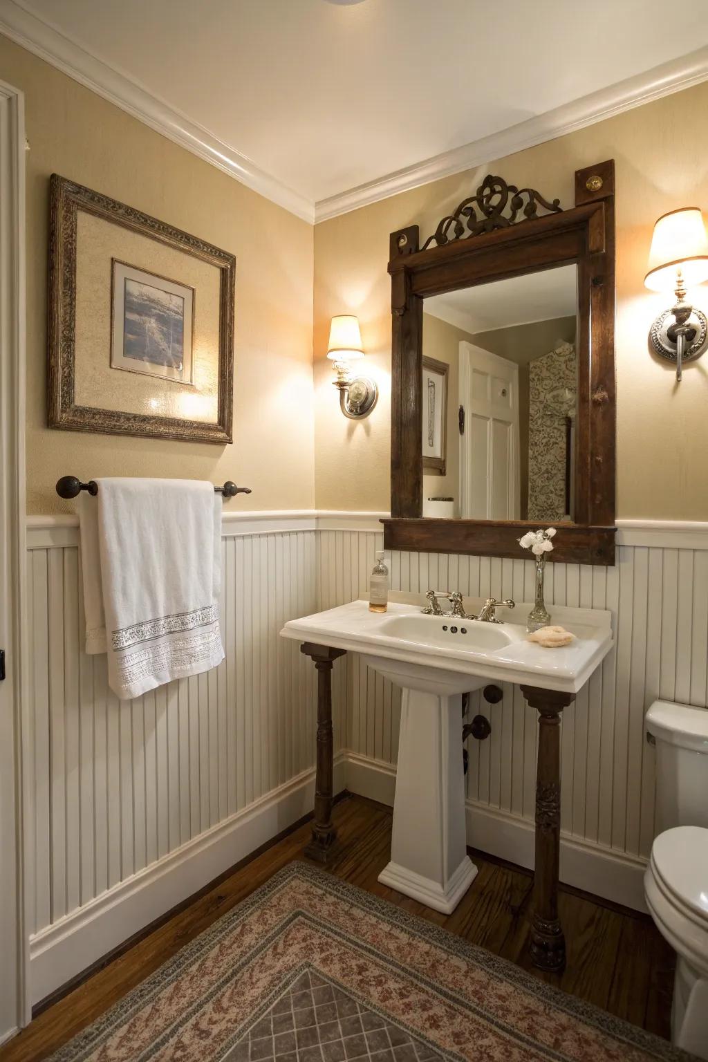 Wall panel wainscoting introduces refinement to bathrooms.