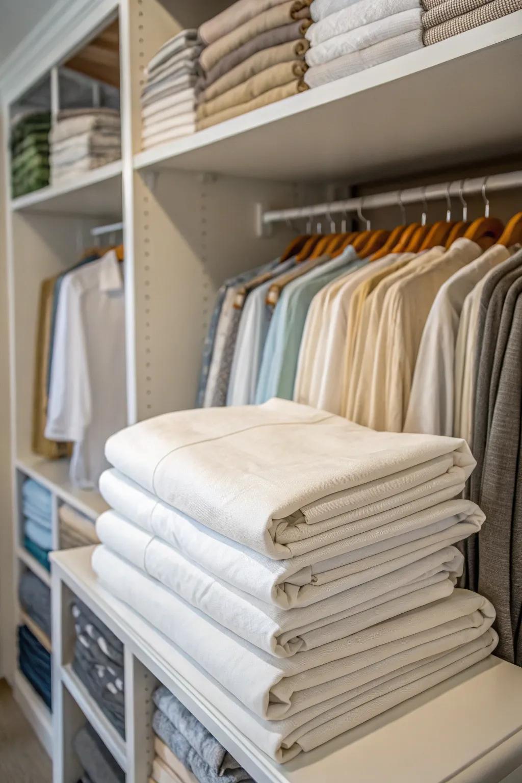 Neatly folded sheets create an air of order and sophistication.