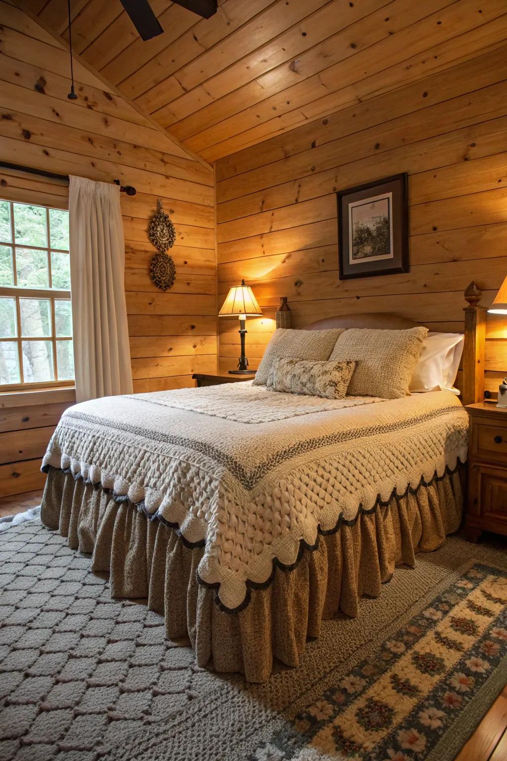 A textured bed wrap provides warmth and depth to the area.