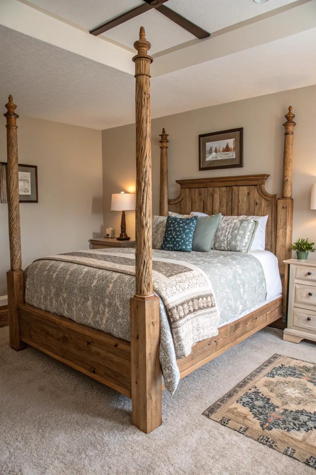Country style bedposts introduce countryside charm to the bedroom.