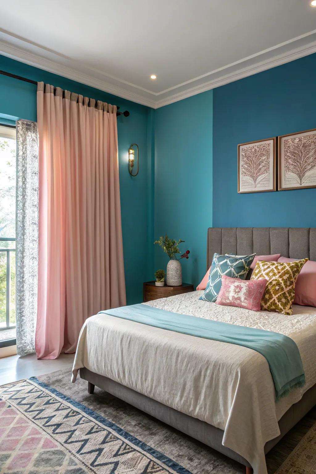 A vibrant highlight wall adds an element of flair to this peaceful bedroom.