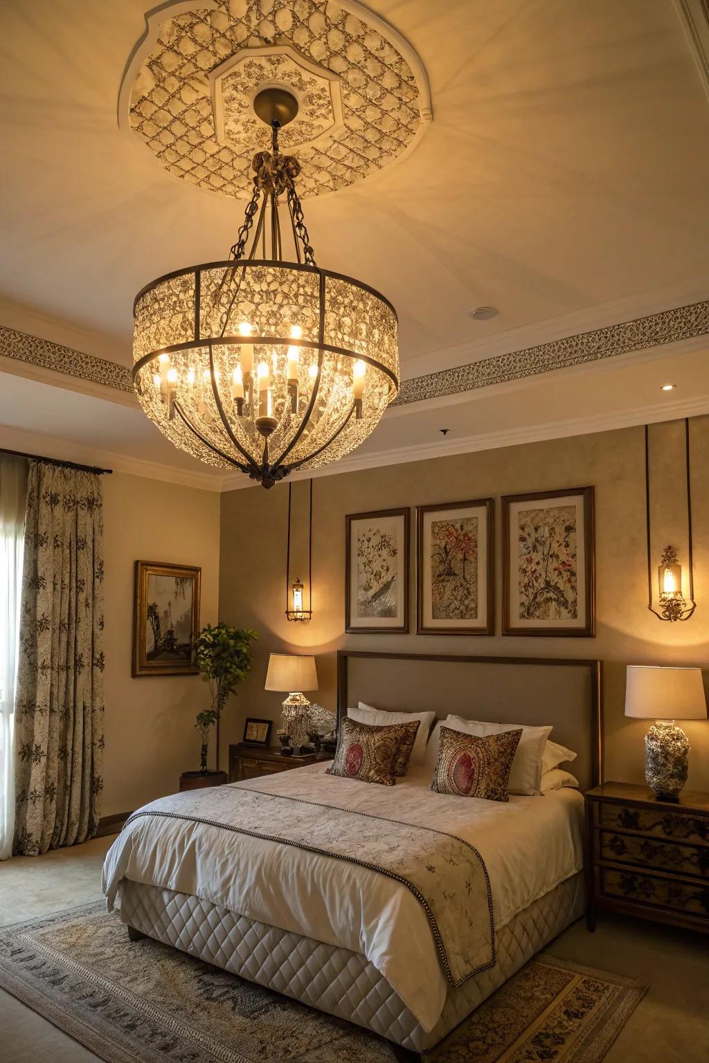 Statement lighting enhances both function and aesthetics in a bedroom.