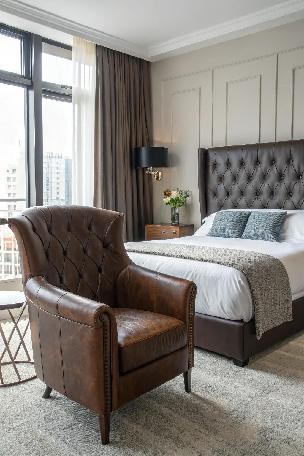 Rawhide accents contribute a rich feel to this masculine bedroom.