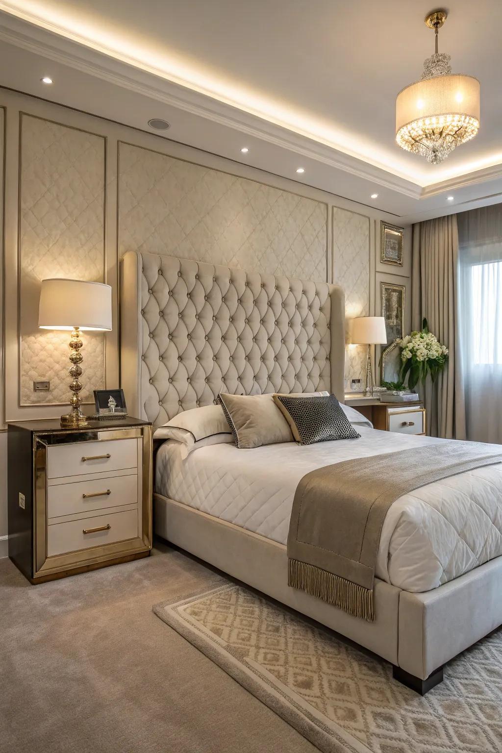 Refined furniture contributes sophistication to this fashionable bedroom.