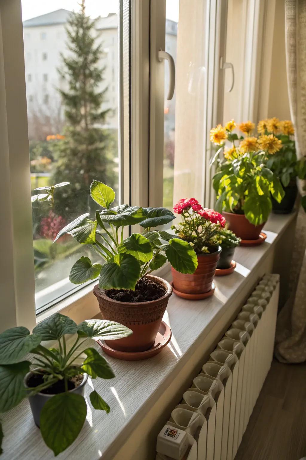 A sunny windowsill becomes a lively plant showcase.