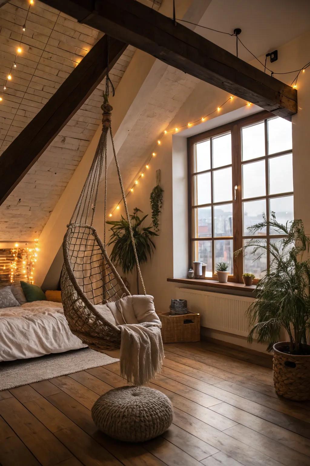 Unwind elegantly with a hanging chair that infuses charm into your loft.
