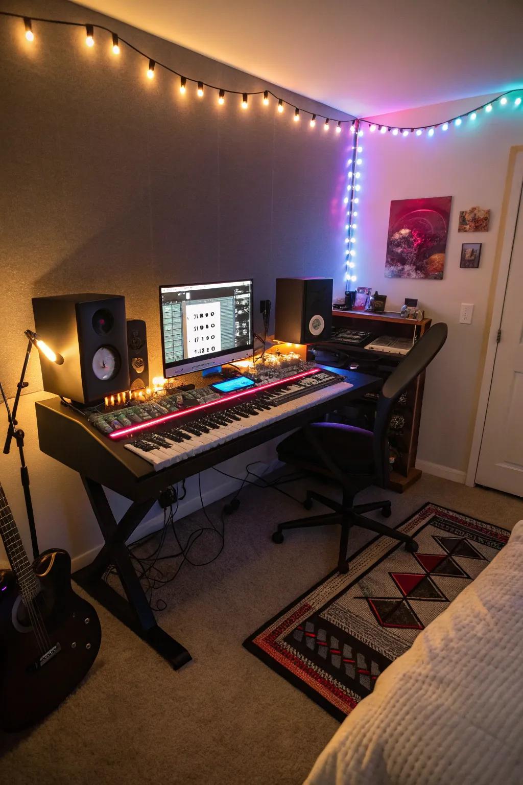 Enhance your creative atmosphere with ambient lighting, setting the ideal tone for music production.