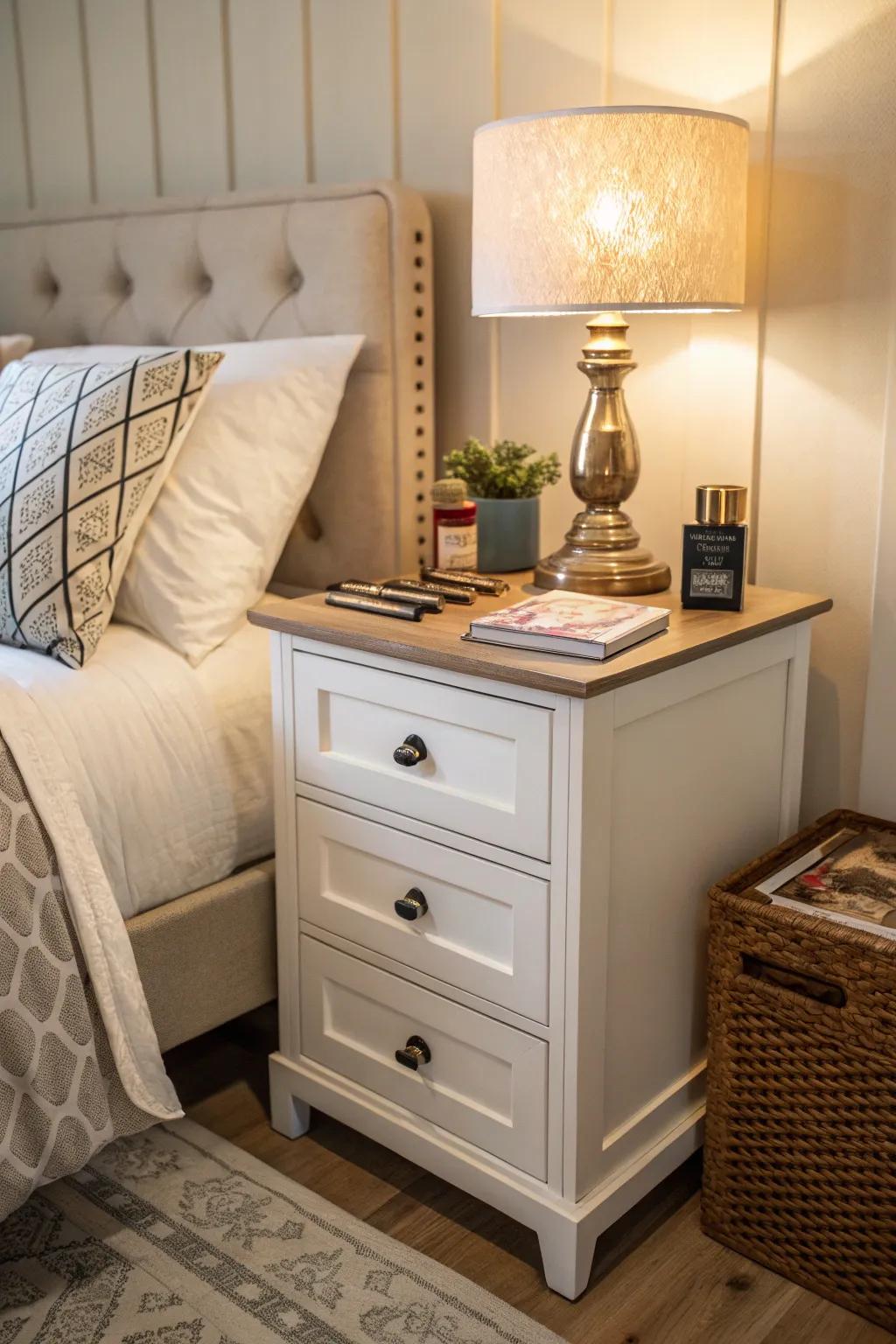 Keep your nighttime needs organized with a functional bedside table.