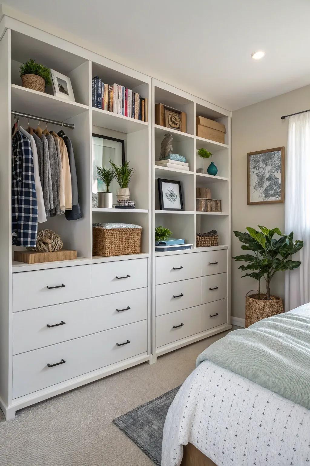 An organized bedroom spotlighting clever storage techniques.