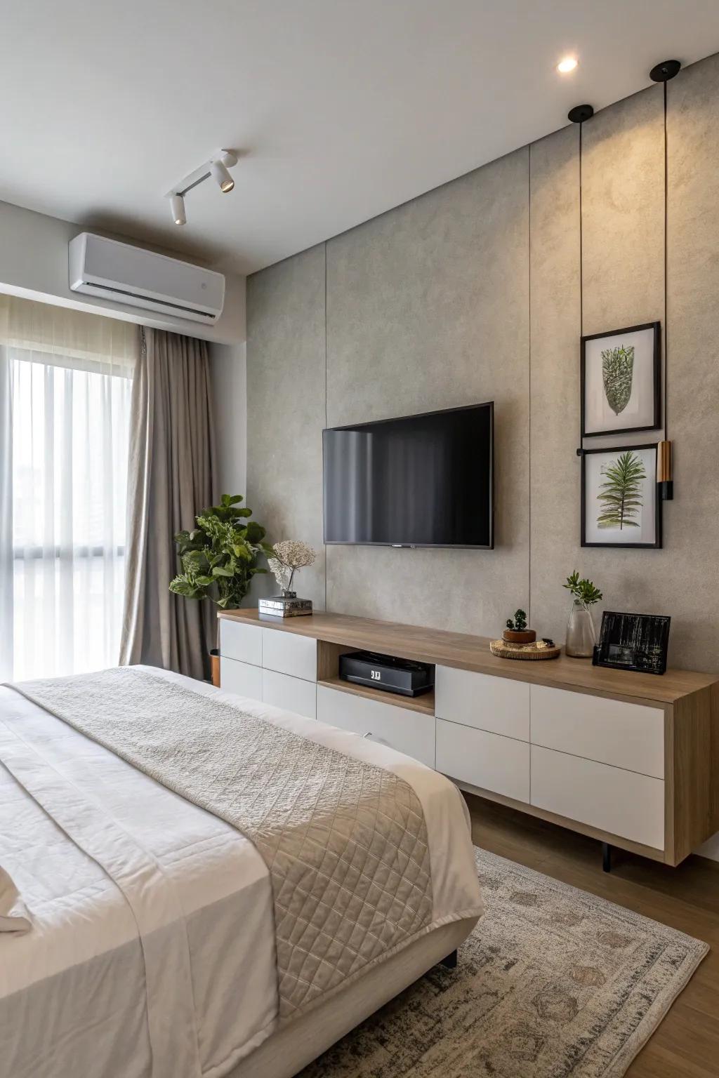 A TV mounted on the wall establishes a modern and expansive atmosphere in the bedroom.