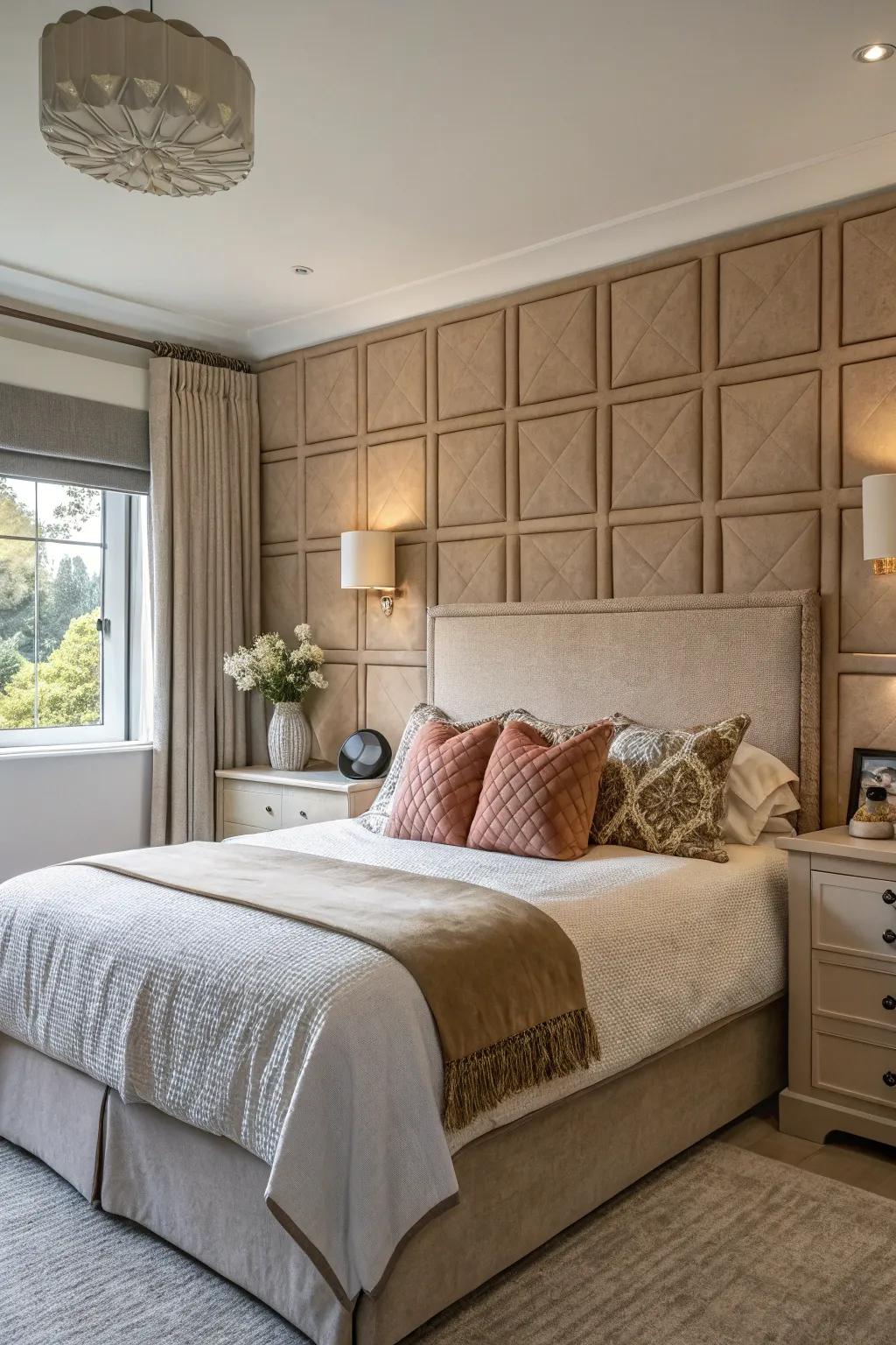 Combined headboard cladding creates a fluid and chic backdrop.