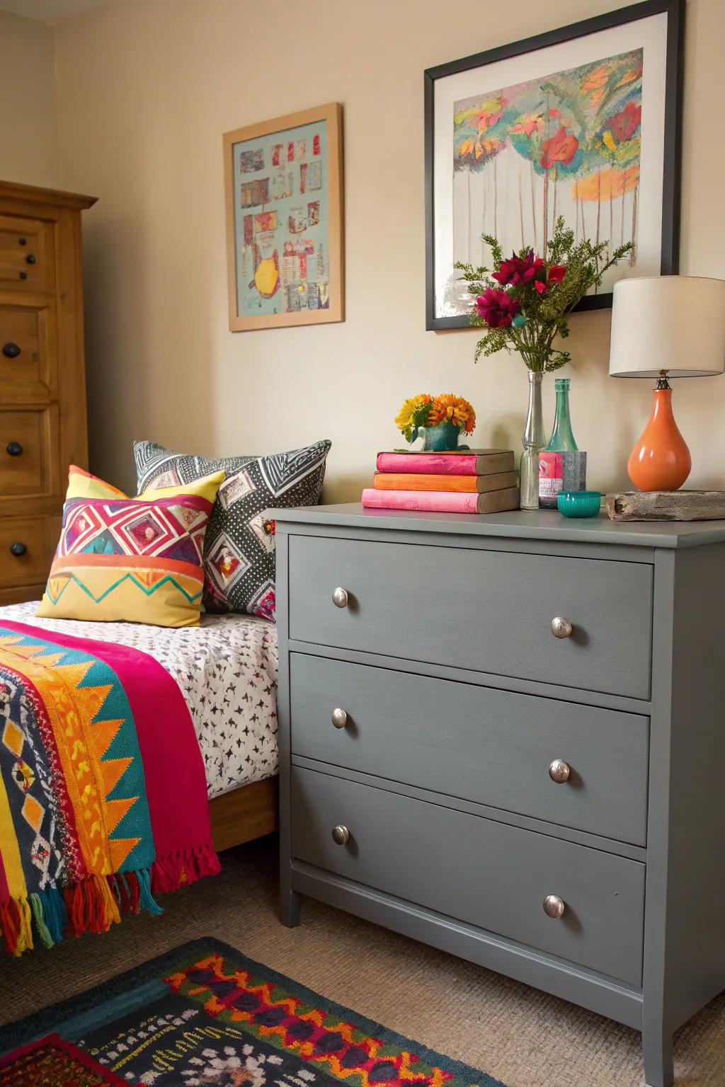A bold statement with a grey chest of drawers and colorful complements.