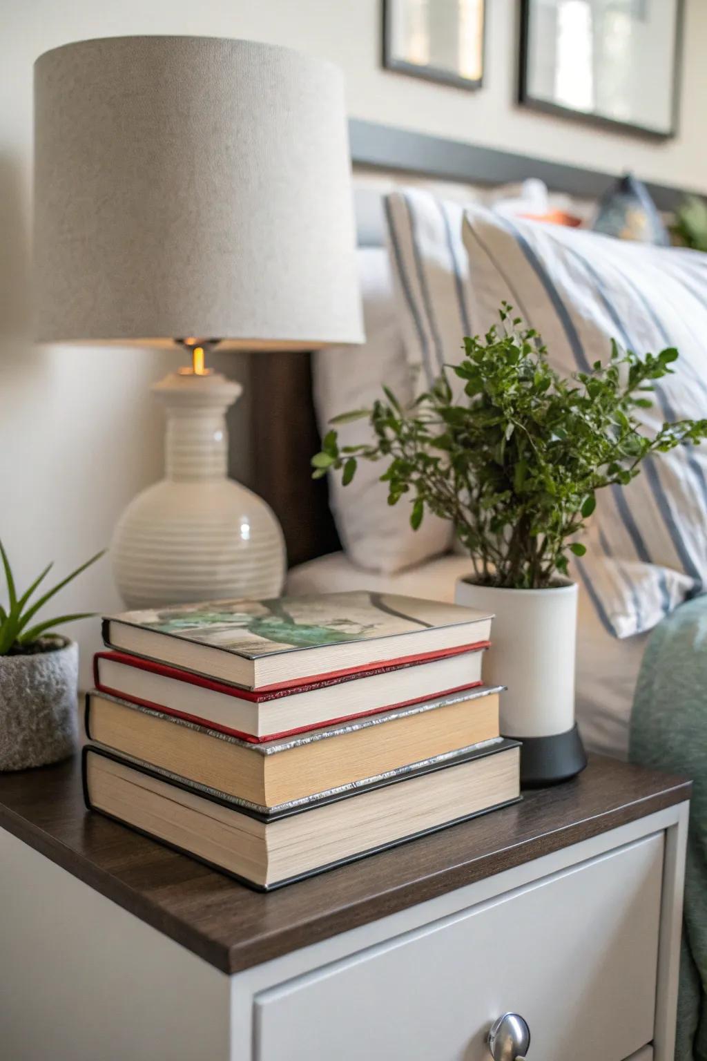 Books give your bedside a cozy and personal feel.