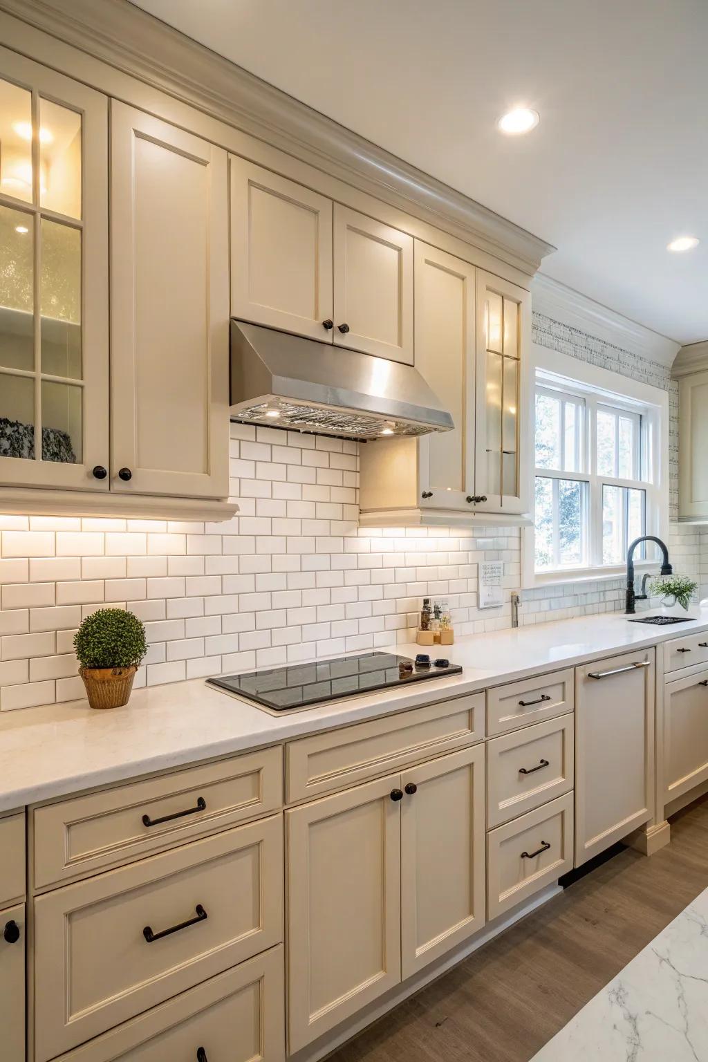 A classic chalky brick-style backsplash introduces radiance to linen shades.
