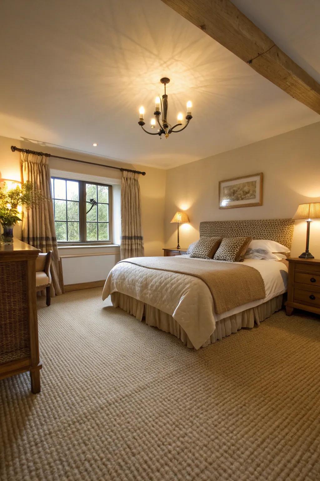 Comforting lighting accentuates the gentle elegance of a beige carpet in this inviting bedroom.