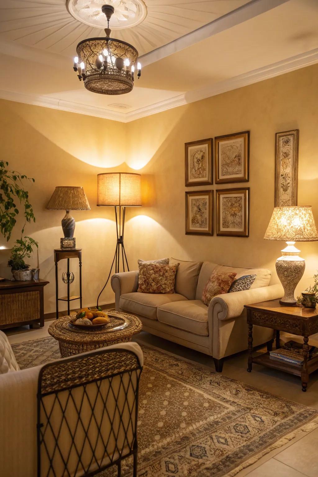 Warm lighting greatly contributes to the welcoming feel of this beige-toned area.