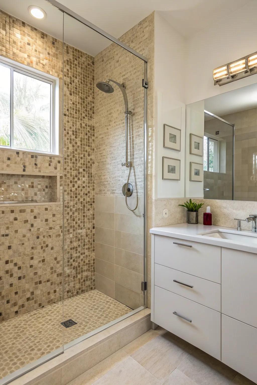 A mosaic feature wall transforms your shower into a work of art.