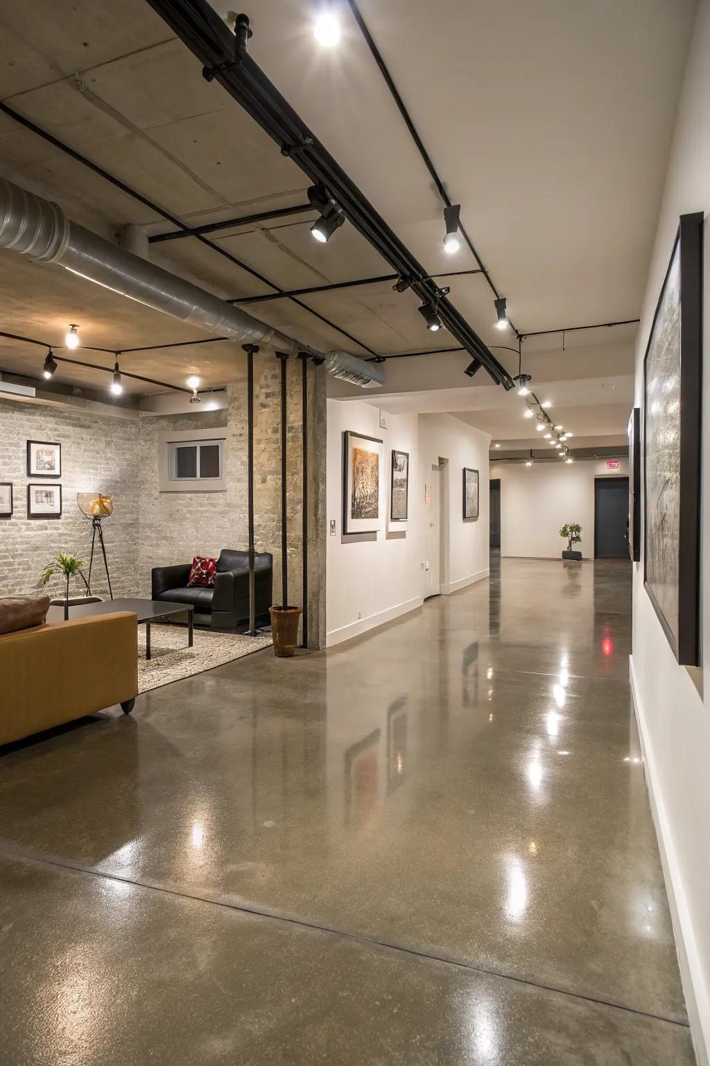 Refined concrete offers a sleek, modern feel to basement areas.