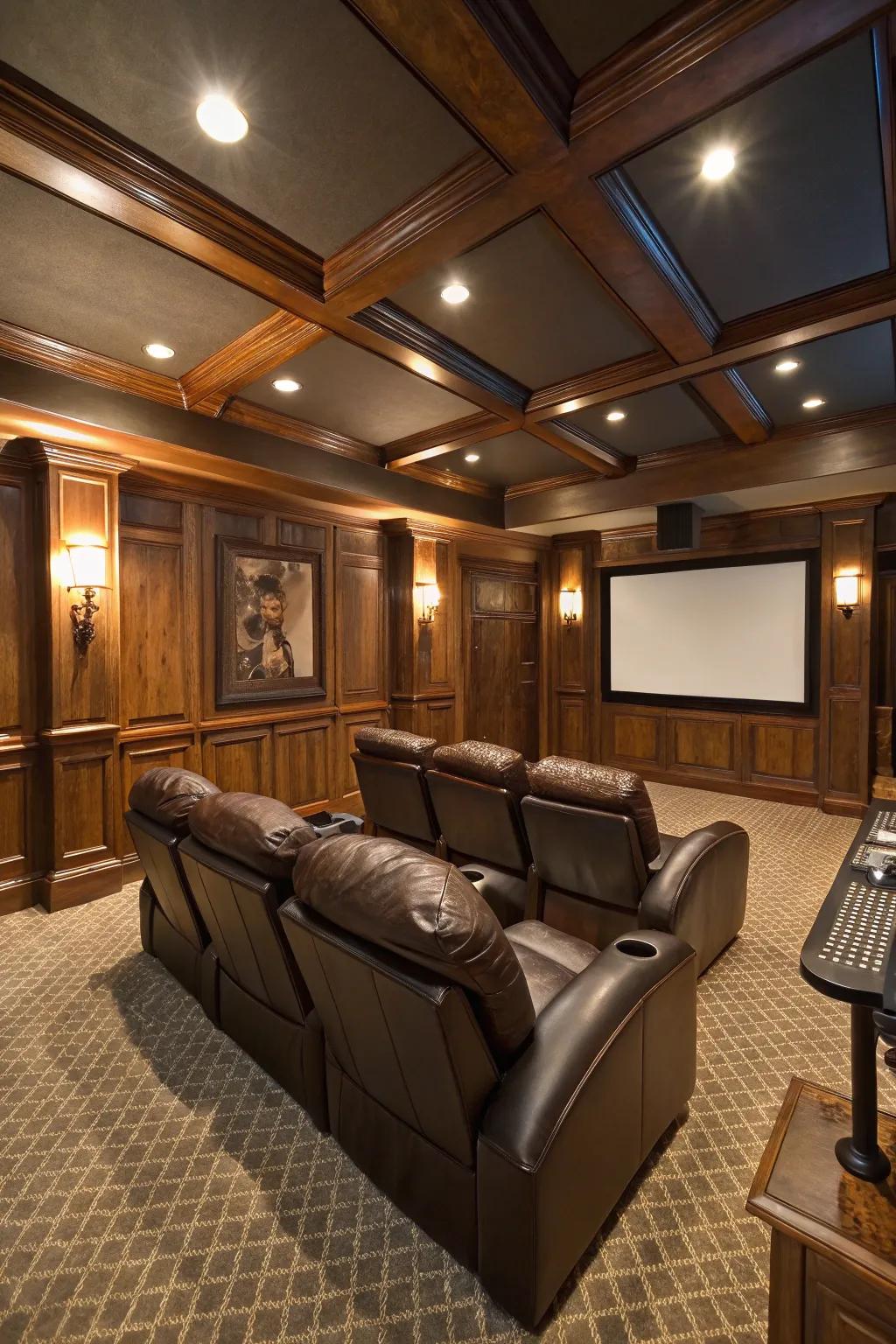 Elegant leather seating adds sophistication to this home theater design.
