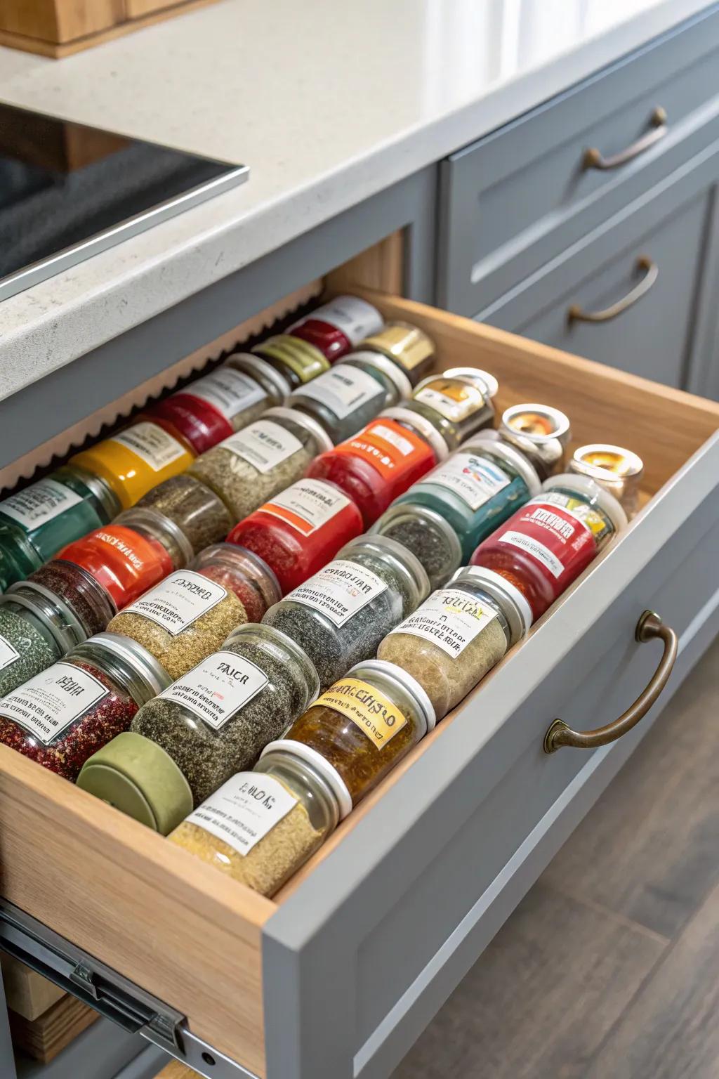 Pull-out spice drawer organizers provide simple access.