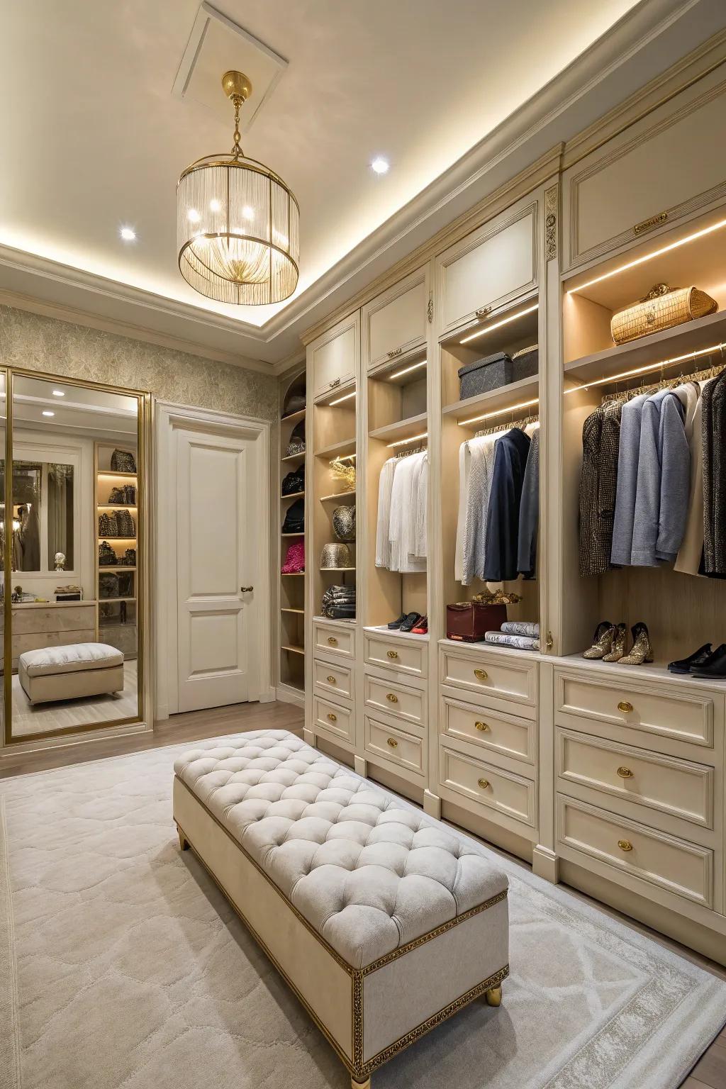A generous closet featuring a plush bench and tasteful decor.