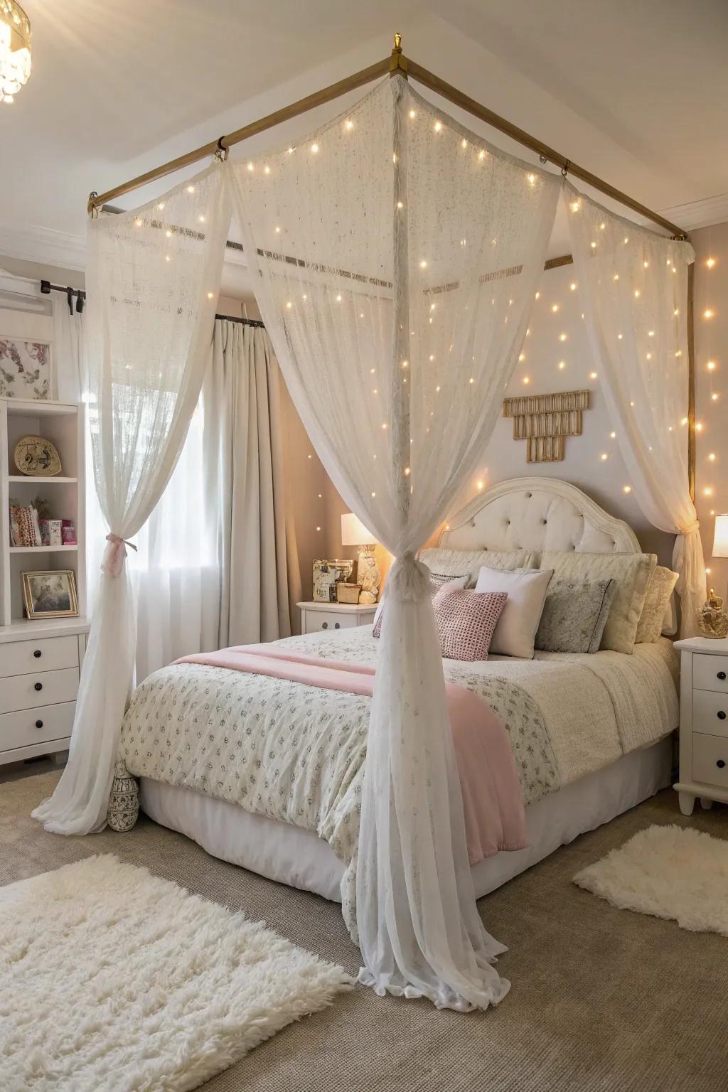 A four-poster bed introduces a majestic element to any girl's room.