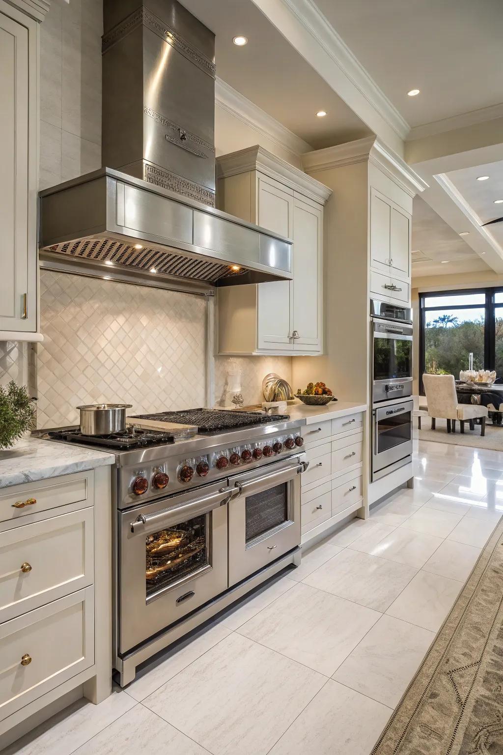 Duplicated appliances increase productivity within a large kitchen.