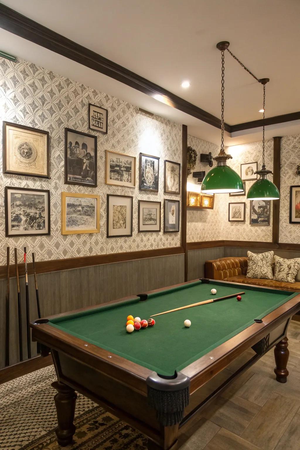 Artistic wall embellishments adding a personal touch to a billiard room.