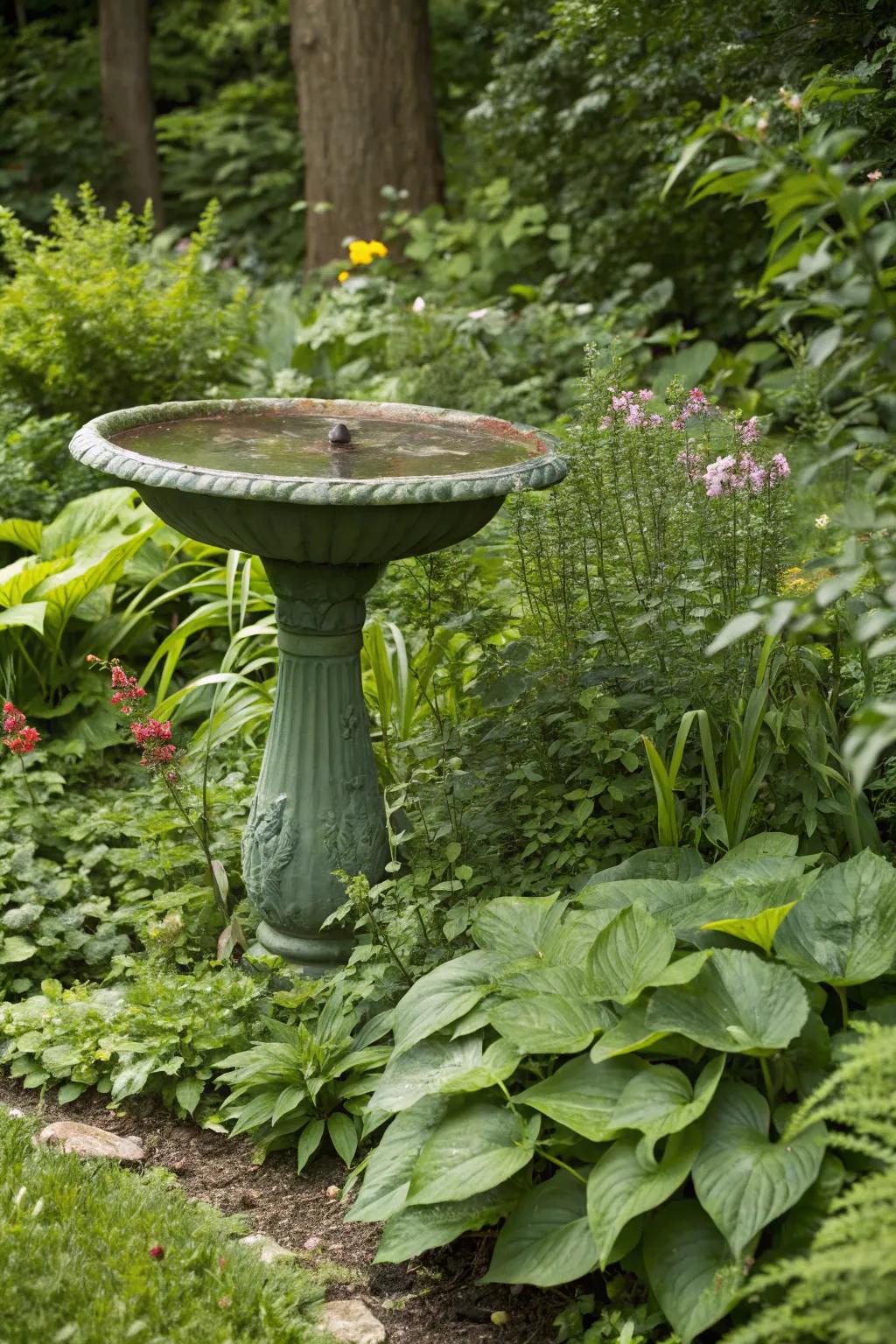 A green bird bath nestled among greenery, providing a natural and inviting spot for birds.