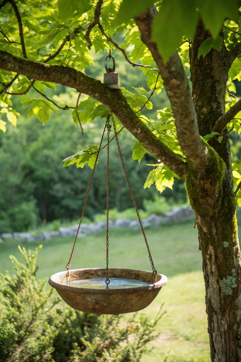 A hanging bird bath provides a unique and space-saving option.