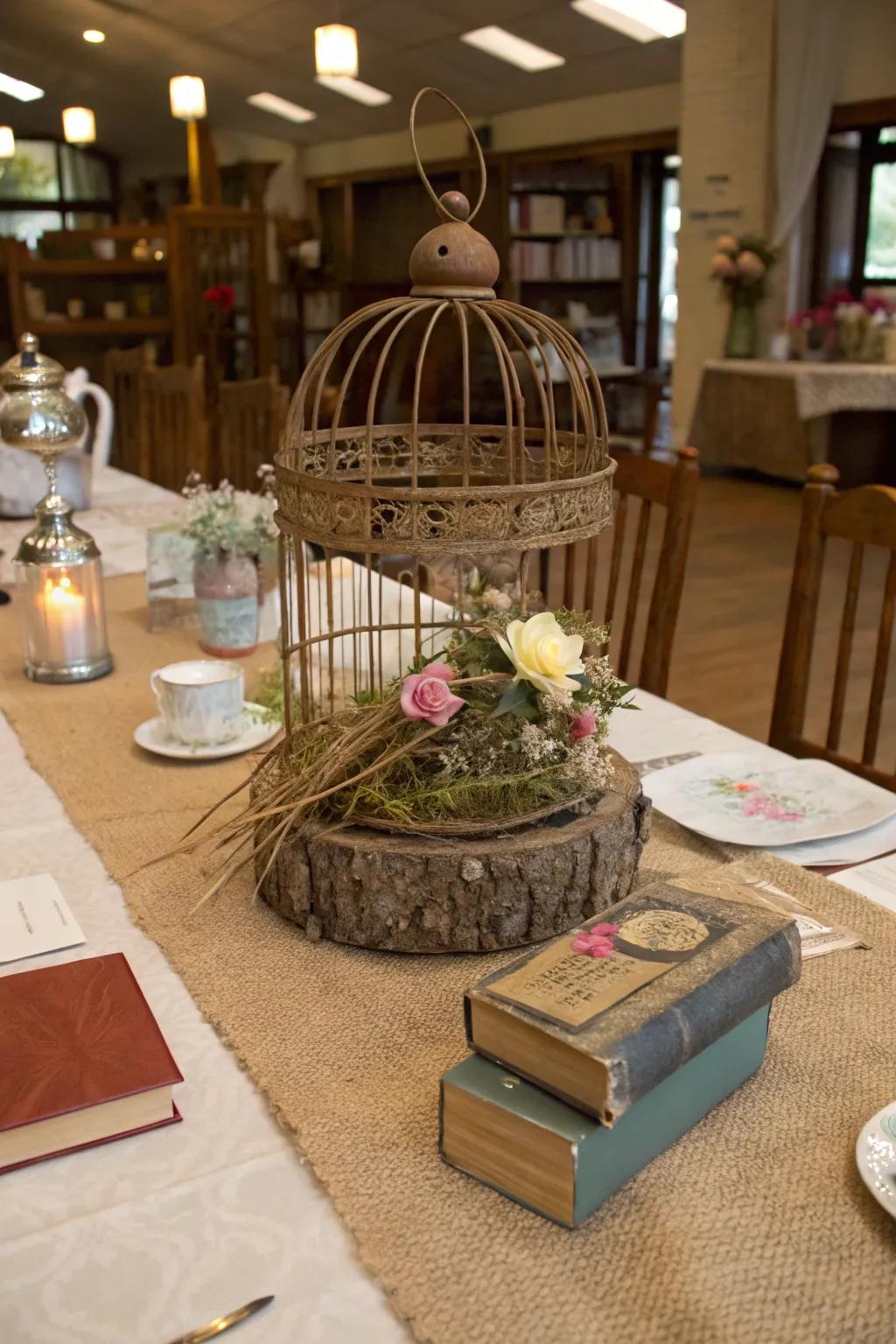 A country bird cage centerpiece improving a chic, timeworn table arrangement.