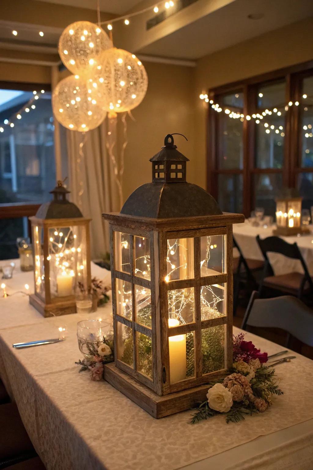 Rustic lanterns add a charming glow to a birthday celebration.