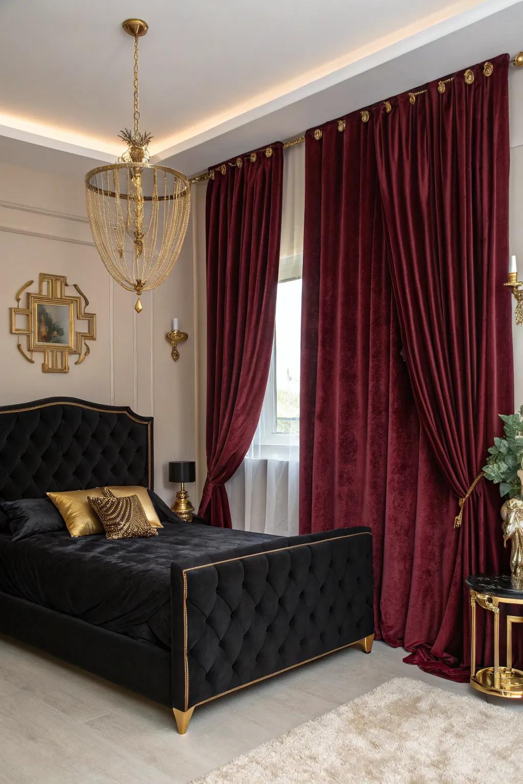 Burgundy plush drapes introduce elegance and warmth to your bedroom's design.