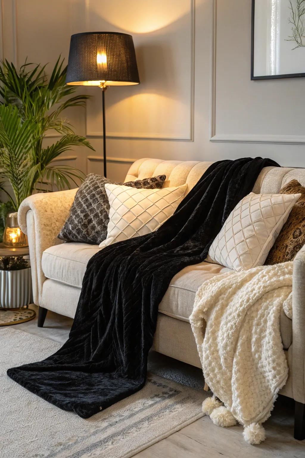 Velvet and woolen textures elevate comfort in a chic ebony and ivory living area.