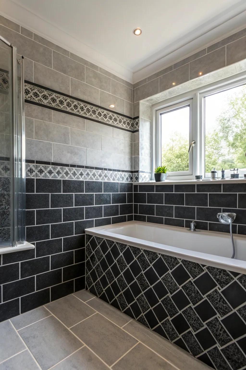 A bathroom showcasing opposing black and grey floor coverings for a dynamic visual.
