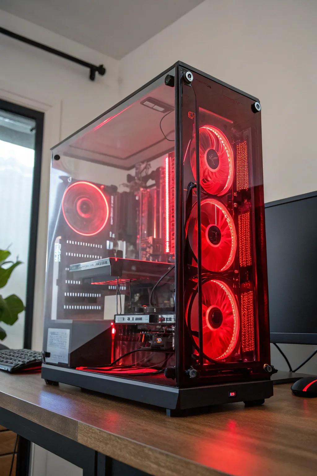 A custom-assembled gaming PC radiates with scarlet highlights, exhibiting its internal apparatus.