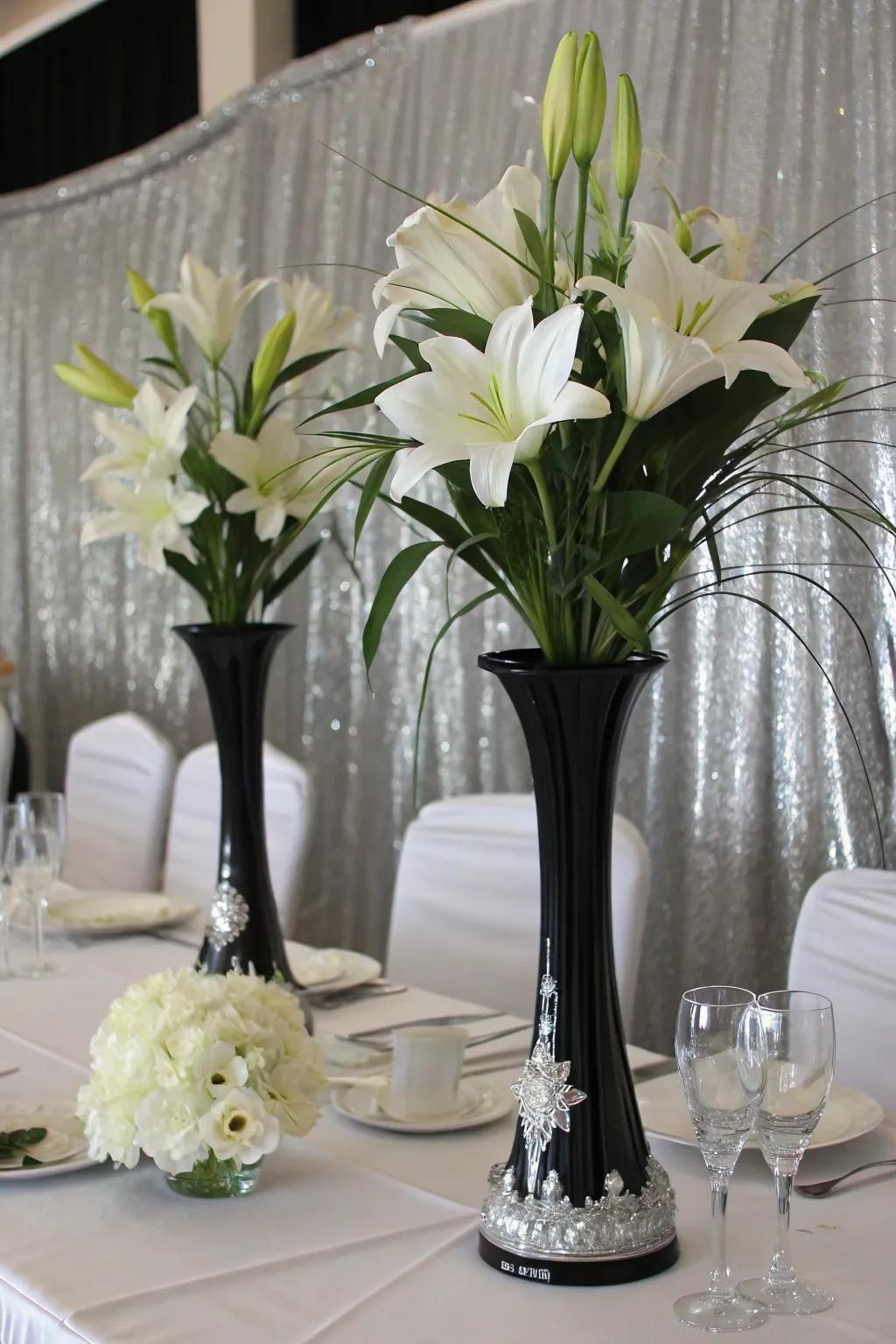 Impressive floral displays showcasing coal and shimmer.