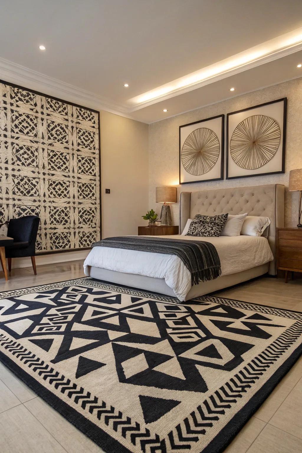 Geometric motifs infuse the room with modern flair.