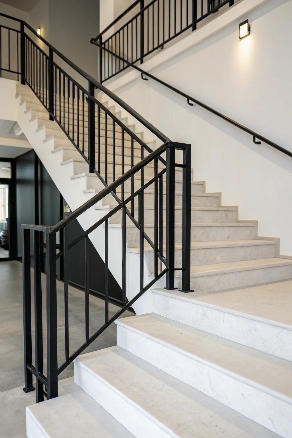 A minimalist staircase enhanced by dark handrails for a modern statement.