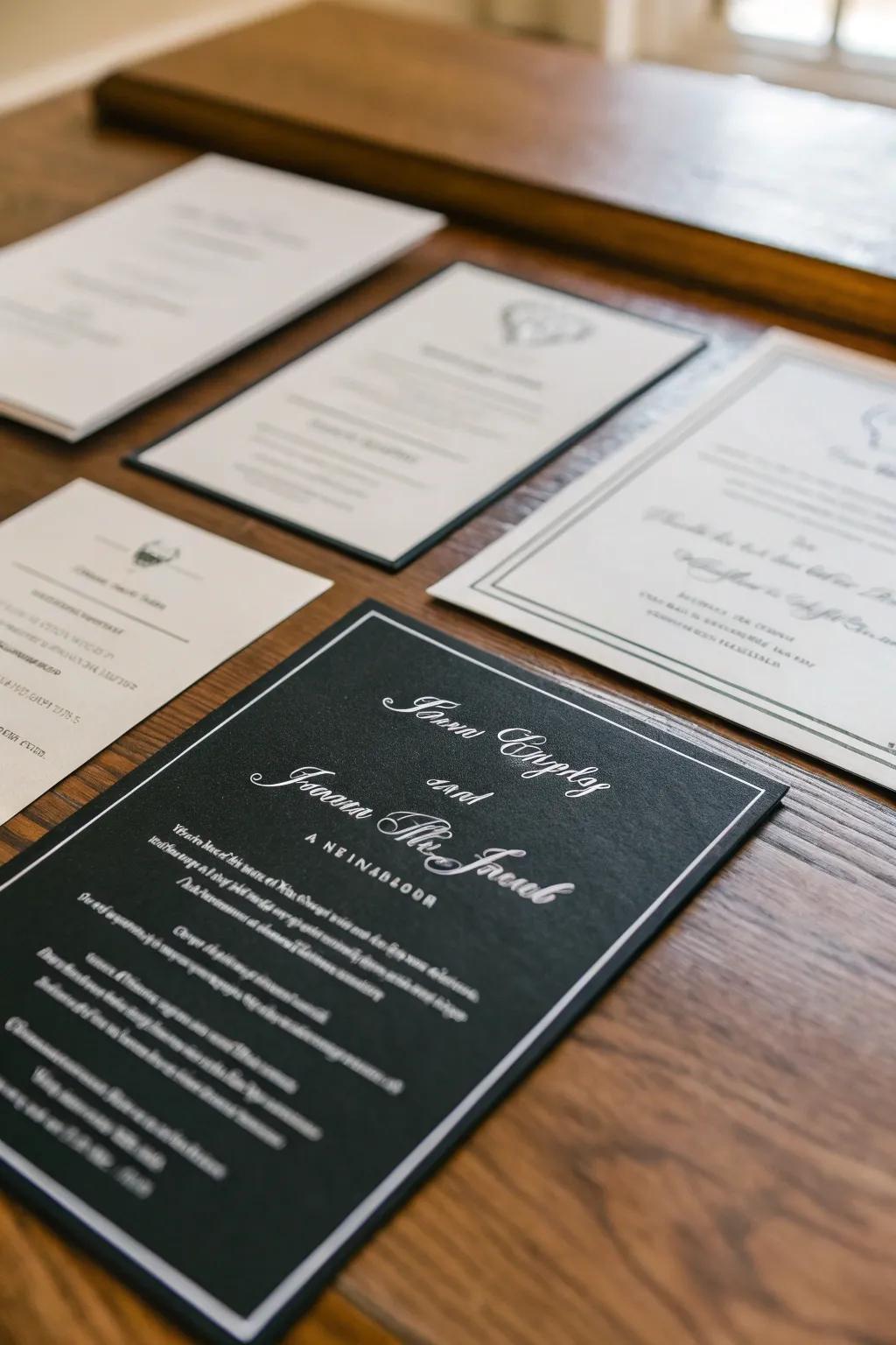 Classic monochrome wedding invitations set the tone for a sophisticated event.
