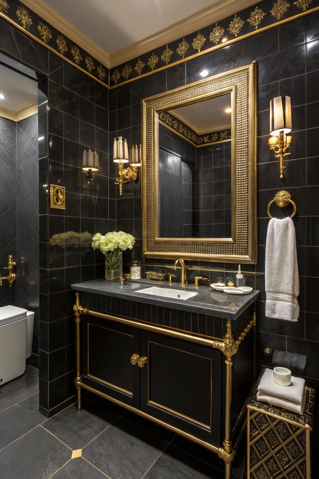 Gilded details intensify the luxurious essence of a black bathroom.