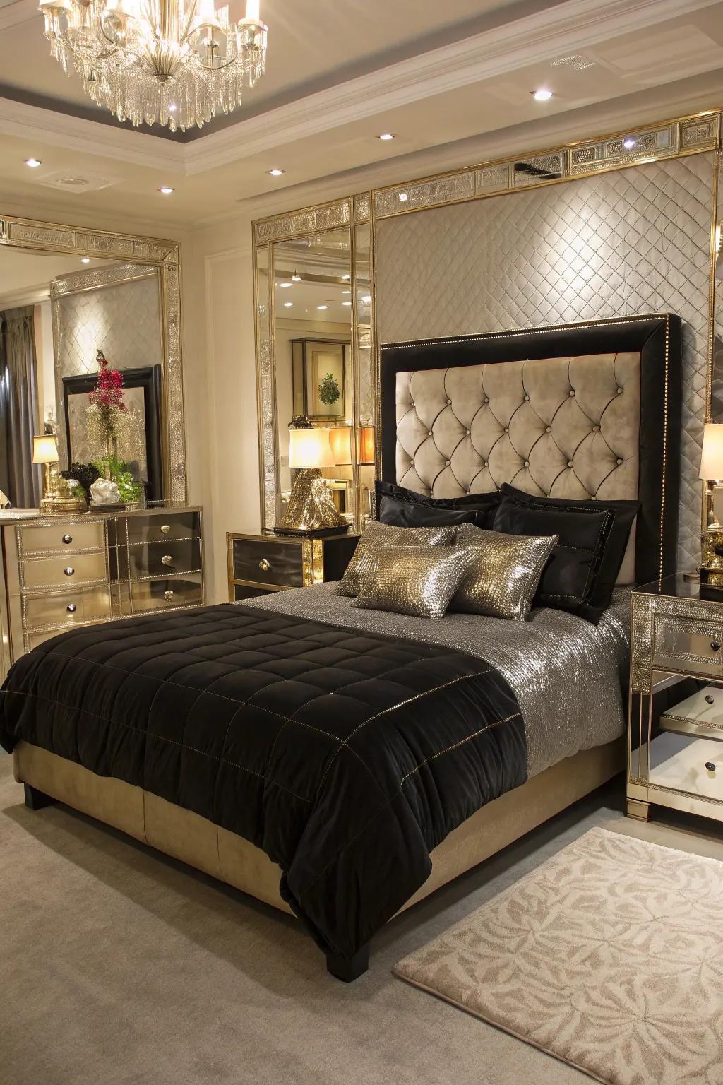 A glamorous bedroom sparkling with accents of metallic.