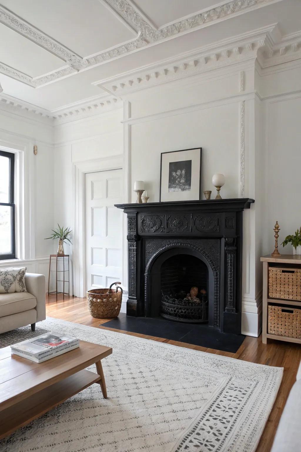 Produce a stunning contrast by uniting a dark hearth with ivory walls.