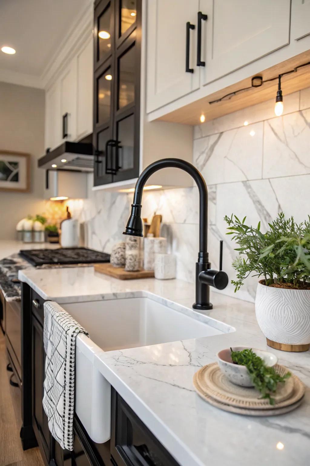 The elegance of marble is wonderfully juxtaposed by this striking black faucet.