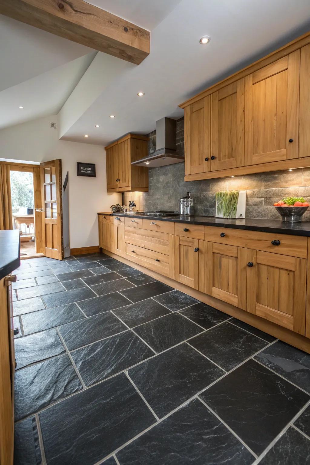 A kitchen displaying the rich texture of natural schist dark floor tiles.