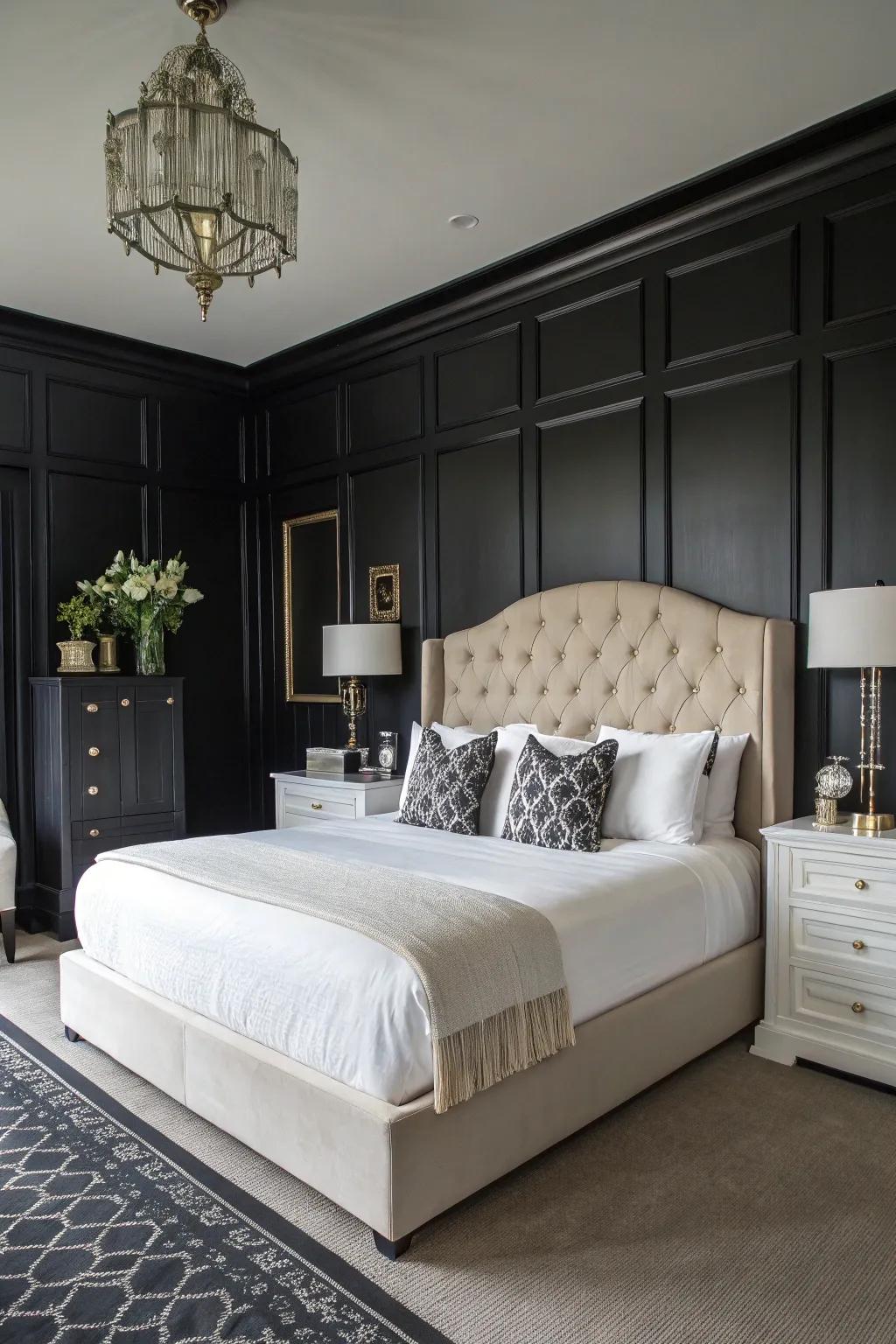 Pale bedding delivers a striking contrast to shadowy decor.